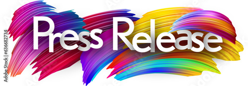 Press release paper word sign with colorful spectrum paint brush strokes over white. Vector illustration.