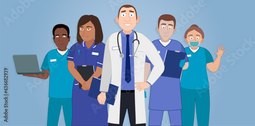 Illustration of medical health care people characters. NHS team together. Doctor and nurse. Editable vector. 