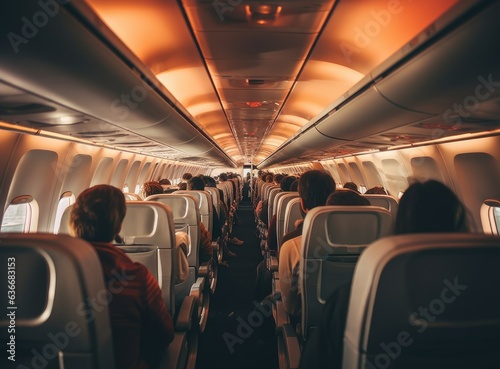Interior of airplane with passengers and stewardess walking the aisle. Created with Generative AI technology.