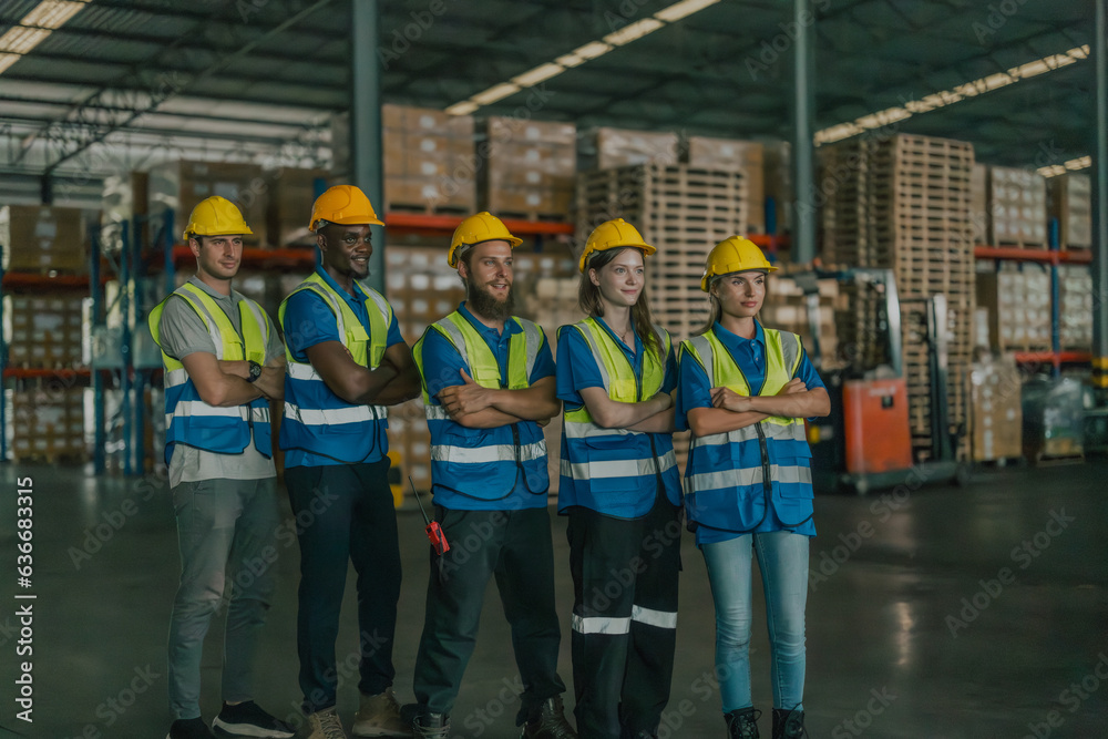 Diverse warehouse team create empowerment, confidence. Collaboration drives excellence in logistics
