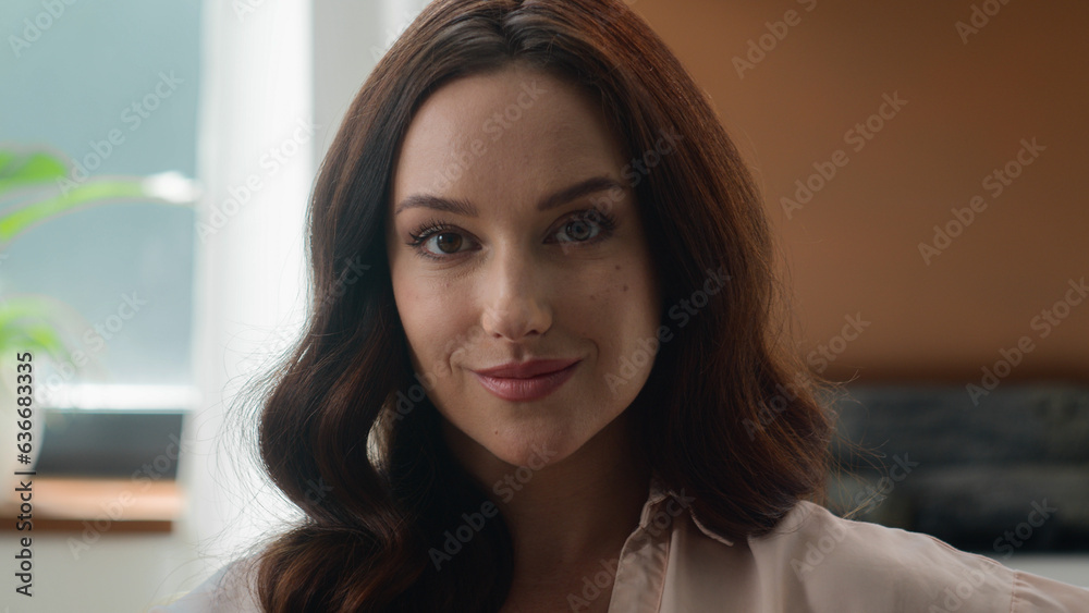 Close up female face headshot model advertise add portrait confident smiling Caucasian young adult European woman looking at camera girl posing at home office clinic indoors lady smile businesswoman