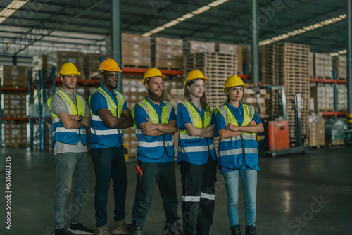Diverse warehouse team create empowerment, confidence. Collaboration drives excellence in logistics