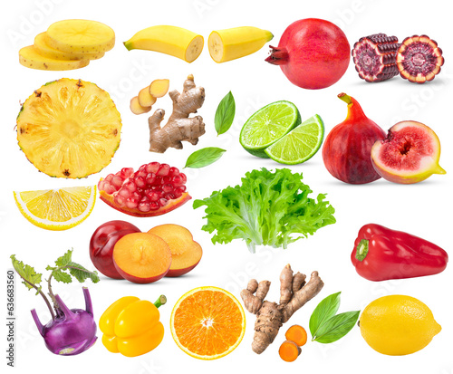 Fototapeta Naklejka Na Ścianę i Meble -   Mixed of different fruits and vegetable isolated on transparent png