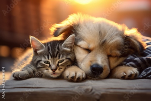 Friendly Dog spaniel puppy hugs cute kitten. Pets sleep together under white warm blanket on a bed at home Created with Generative AI technology.