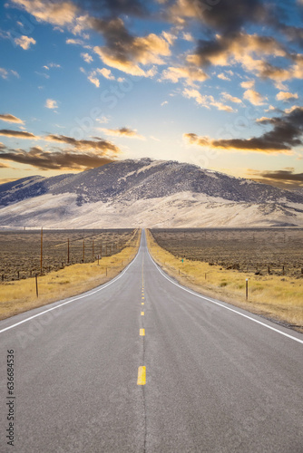 A long, straight road heading into the sunset and distant mountains in Idaho.