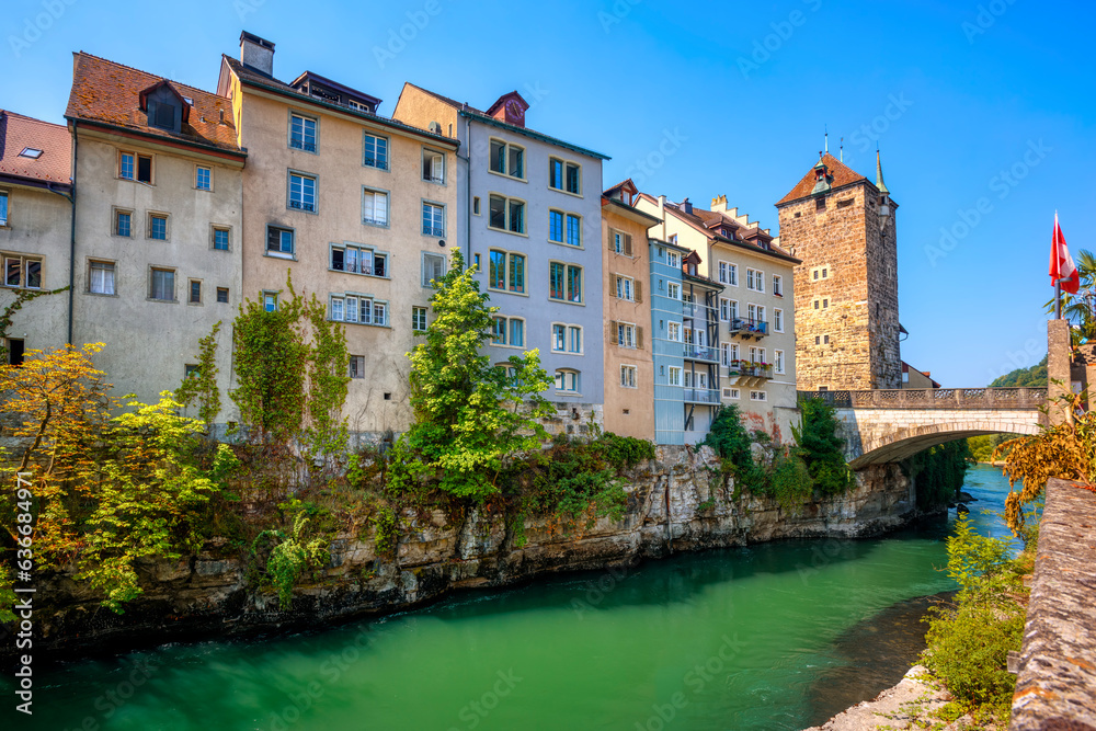 The historical Brugg Old town on Aare river, Aargau, Switzerland