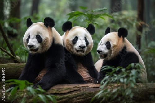 three adorable panda bears sitting together on a log in a lush forest © Marius