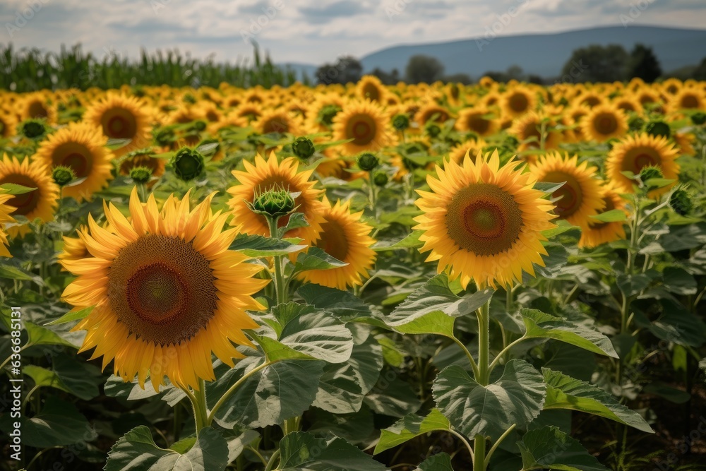 Obraz premium a vast field of sunflowers under a cloudy sky 