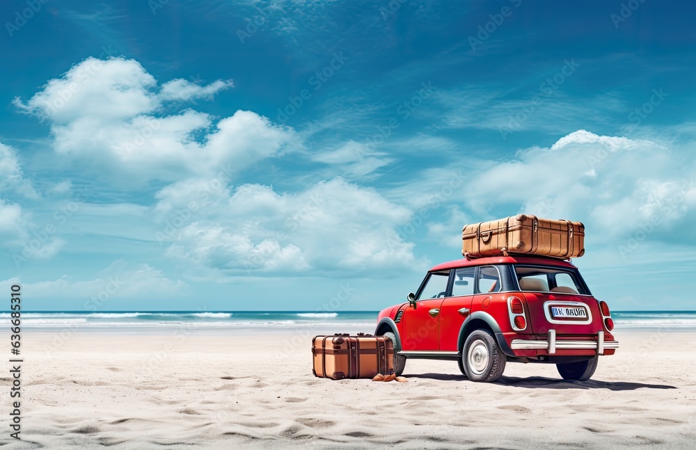 Red summer car on beach with few suitcase and free space for your decoration. Created with Generative AI technology.