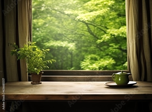 Wooden table of free space for your decoration. White big window with spring time. Fresh flowers on top. Created with Generative AI technology.