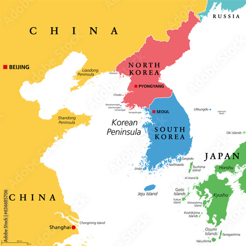 Korean Peninsula region, colored political map. Peninsular region Korea in East Asia, divided between North and South Korea, bordered by China and Russia, and separated from Japan by the Korea Strait. photo