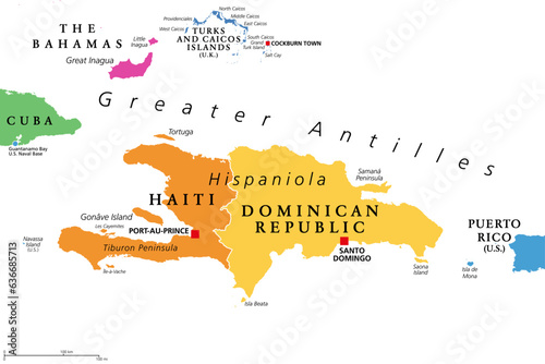 Hispaniola and surroundings, colored political map. Caribbean island divided into Haiti and Dominican Republic, part of Greater Antilles, next to Cuba, Bahamas, Puerto Rico, Turks and Caicos Islands.