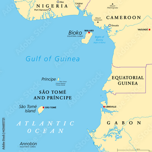Cameroon line, volcanic island chain off the coast of West Africa, political map. Long chain of volcanoes including islands in the Gulf of Guinea (Atlantic Ocean) and mountains on African mainland. photo