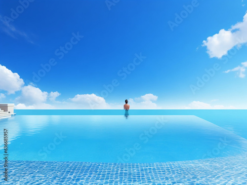 3d rendering of infinity swimming pool on the background of blue sky