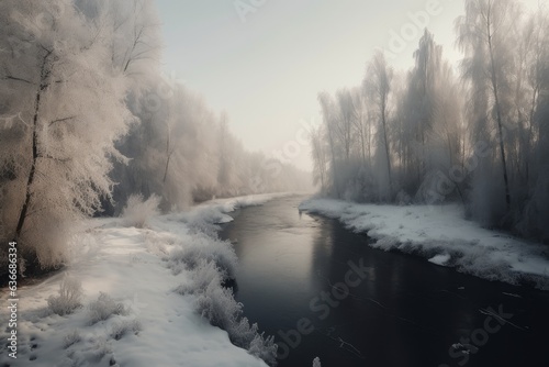 a snow-covered forest with a river flowing through it