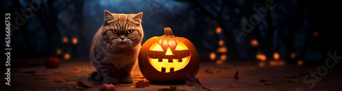 Lachender Kürbis mit Gesicht und Katze zu Halloween in Querformat für Banner, ai generativ © www.freund-foto.de
