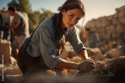 Archaeological Dedication: Female Archaeologist Excavates with Focused Passion