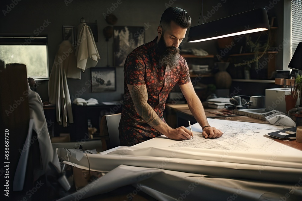 Diligent Male Fashion Designer Sketching Innovative Designs in Modern Loft Studio Diligent Male Fashion Designer Sketching Innovative Designs in Modern Loft Studio