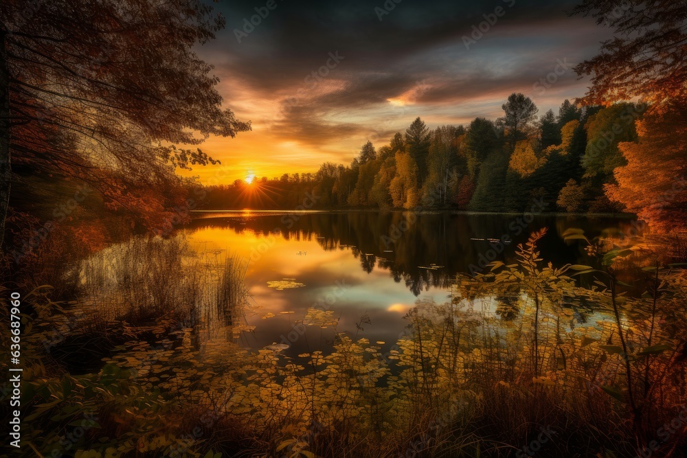 the sun setting over a tranquil lake surrounded by a dense forest the sun setting over a tranquil lake surrounded by a dense forest