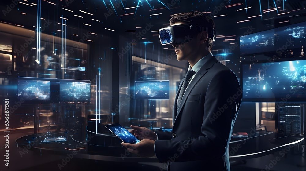 Finance investor wearing futuristic vr headset in a corporate office, ai generative Finance investor wearing futuristic vr headset in a corporate office, ai generative