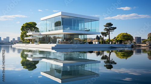 Architectural serenity by the water, a testament to balanced and clear design, generative AI © Larry Naess