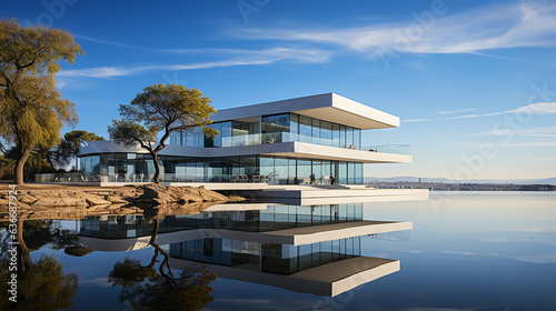 Tranquil reflections of a modern architectural gem, the essence of balance and clarity, generative AI © Larry Naess