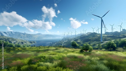 White green energy wind turbines on a green wild field, ai generative