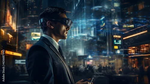 Businessman in suit wearing goggles in a city cinematic scene side view  ai generative