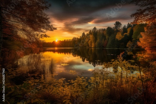 the sun setting over a tranquil lake surrounded by a dense forest