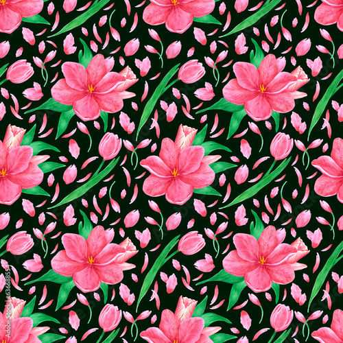 Hand drawn watercolor red tulips, leaves and buds seamless pattern on dark background. Can be used for fabric, textile, gift-wrapping and wallpaper.