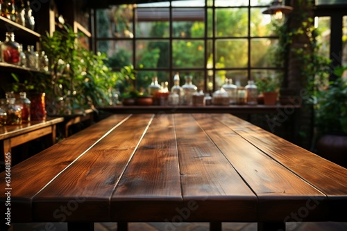 Blank wooden table amid caf blur ideal canvas Generative AI
