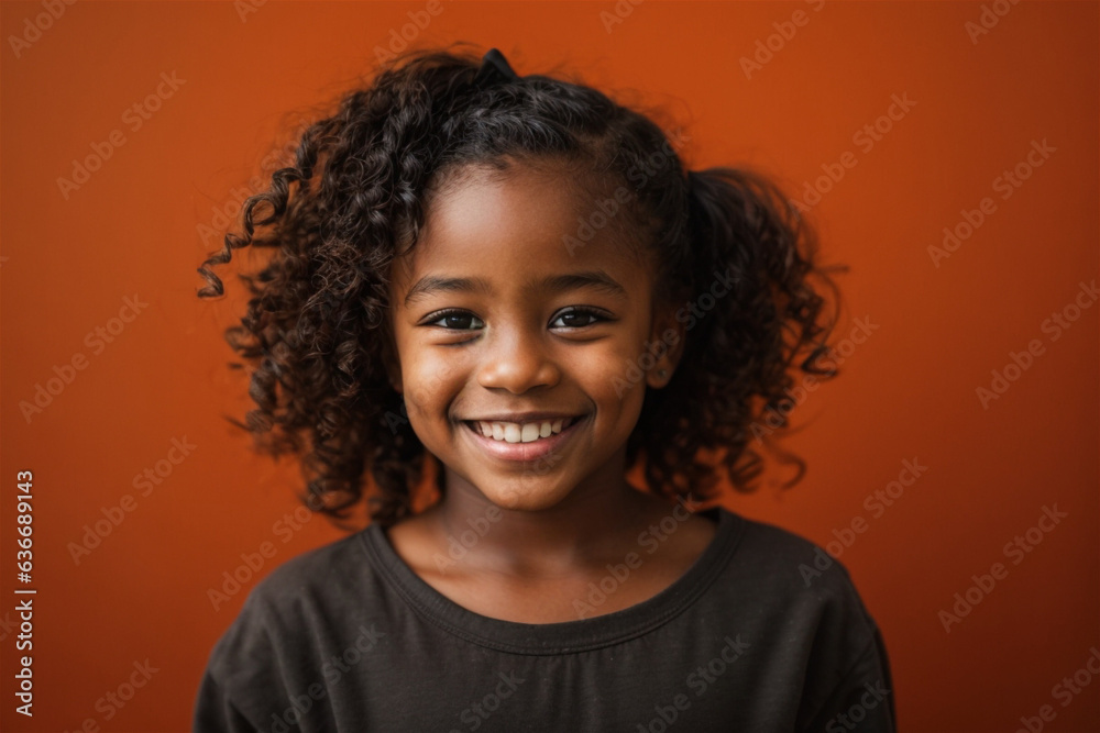 Smiling African little girl isolated on studio background, cute child portrait, generative AI.