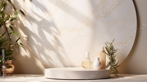 White marble podium stand mock up template display showcase for product presentation with freshness nature branch tree leave with shadow,ai generate