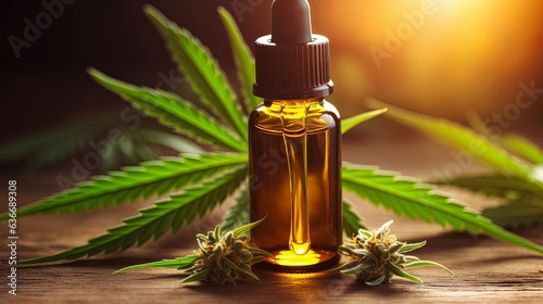 Green leaves of medicinal cannabis with extract oil Cannabis CBD oil extracts in jars near a slide of marijuana cones on wooden table blue background ,ai generate