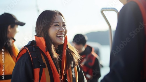 Smiling asian female marine biologist talking to her colleagues