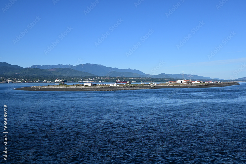 Coast Guard Station on Ediz Hook in Port Angeles Harbor, Washington on clear sunny summer morning.