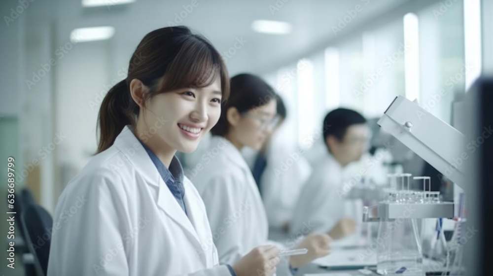 Smiling asian female researcher talking to her colleagues Smiling asian female researcher talking to her colleagues