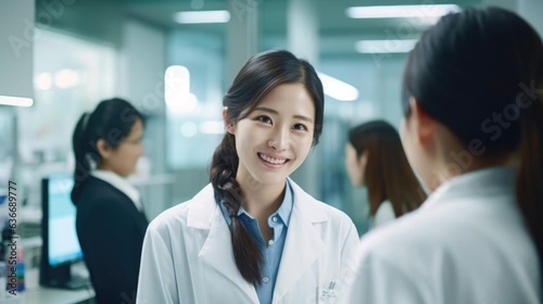 Smiling asian female researcher talking to her colleagues