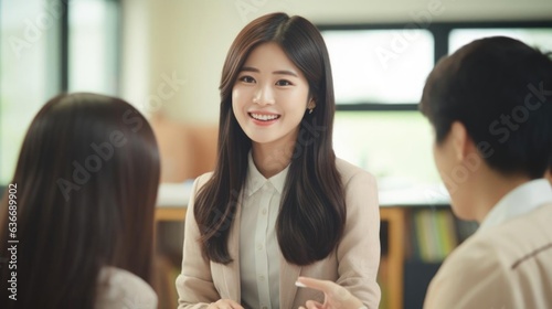 Smiling asian female teacher talking to her colleagues