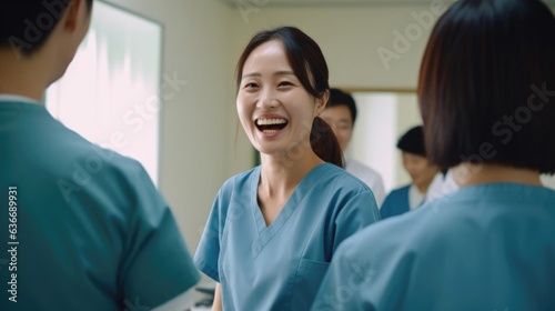 Smiling asian female veterinarian talking to her colleagues