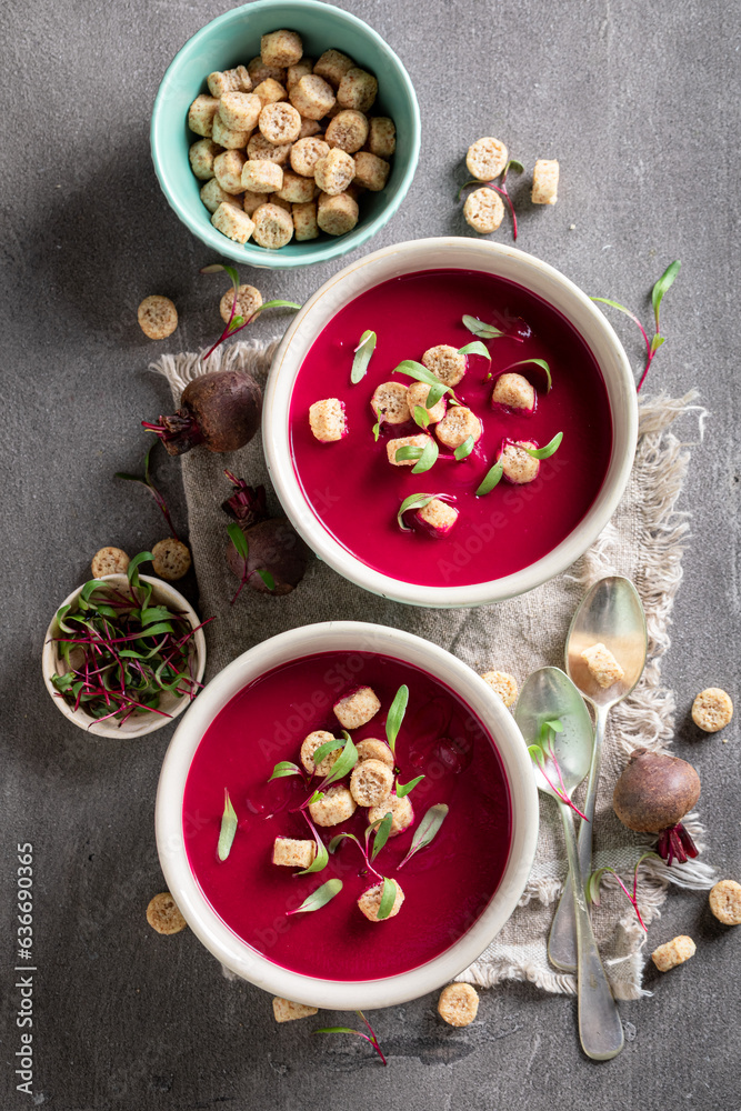 Tasty borsch soup with cream and croutons. Tasty borsch soup with cream and croutons.
