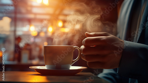 An image of an office worker clutching a steaming cup of coffee