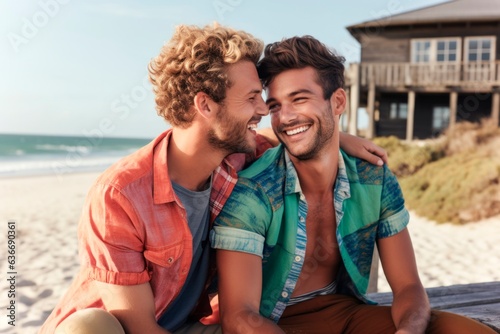 two smiling gay men at the beach,