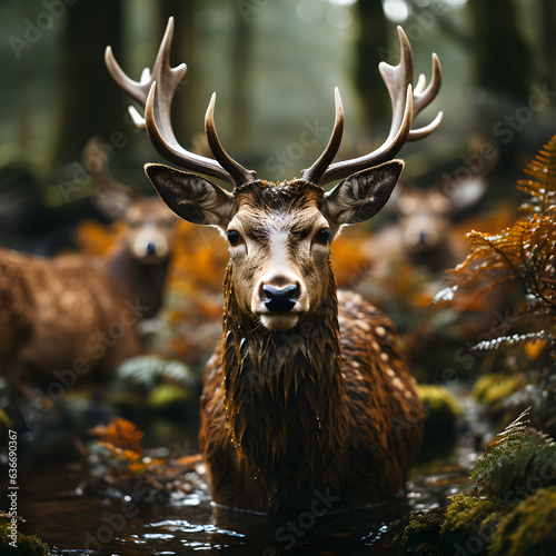 deer in river having a bath and enjoying the nature