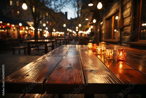 Bokeh lit wooden table with blurred backdrop, creating enchanting ambiance in restaurant Generative AI