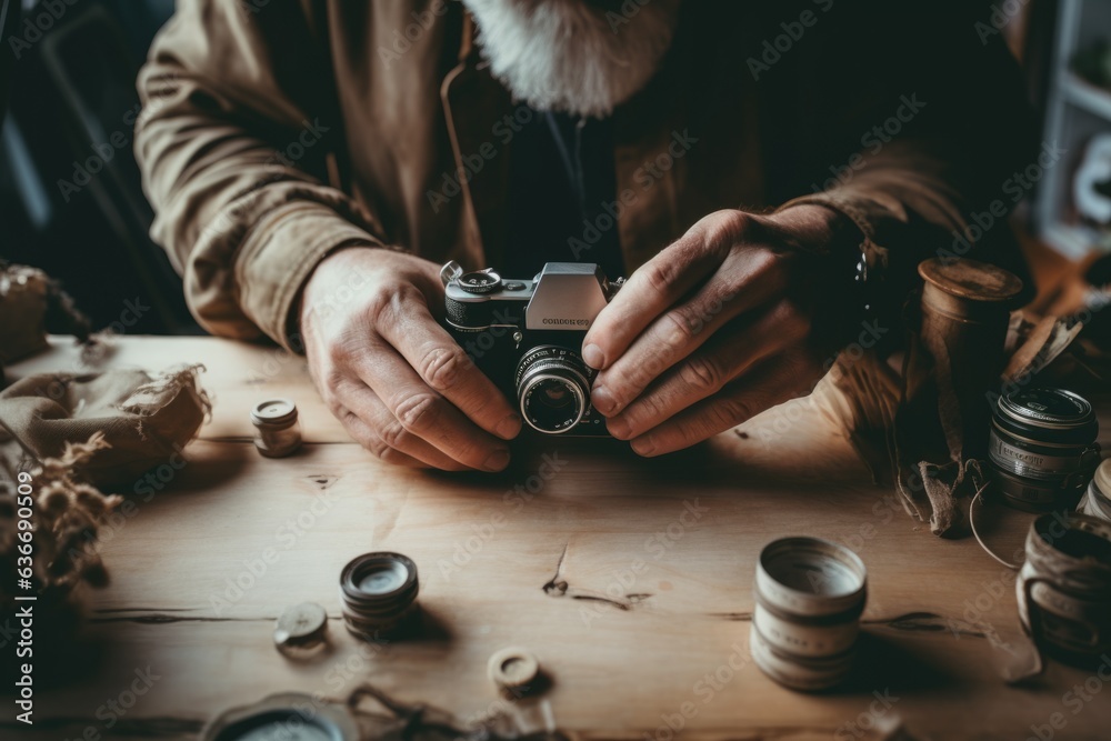 Close up male hands arms holding fixing old vintage camera hobby ...