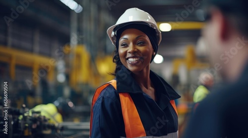 Smiling black female engineer talking to her colleagues