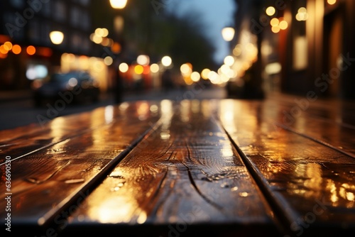 Dynamic contrast Wooden table with blurred bokeh night street backdrop   vibrant ambiance Generative AI