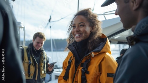 Smiling black female marine biologist talking to her colleagues