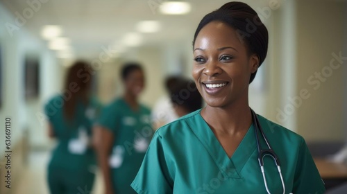 Smiling black female nurse talking to her colleagues